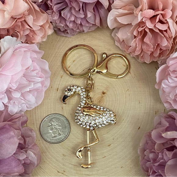 Whimsical Gold & Silver Crystal Flamingo Keychain Charm - Picture 12 of 14